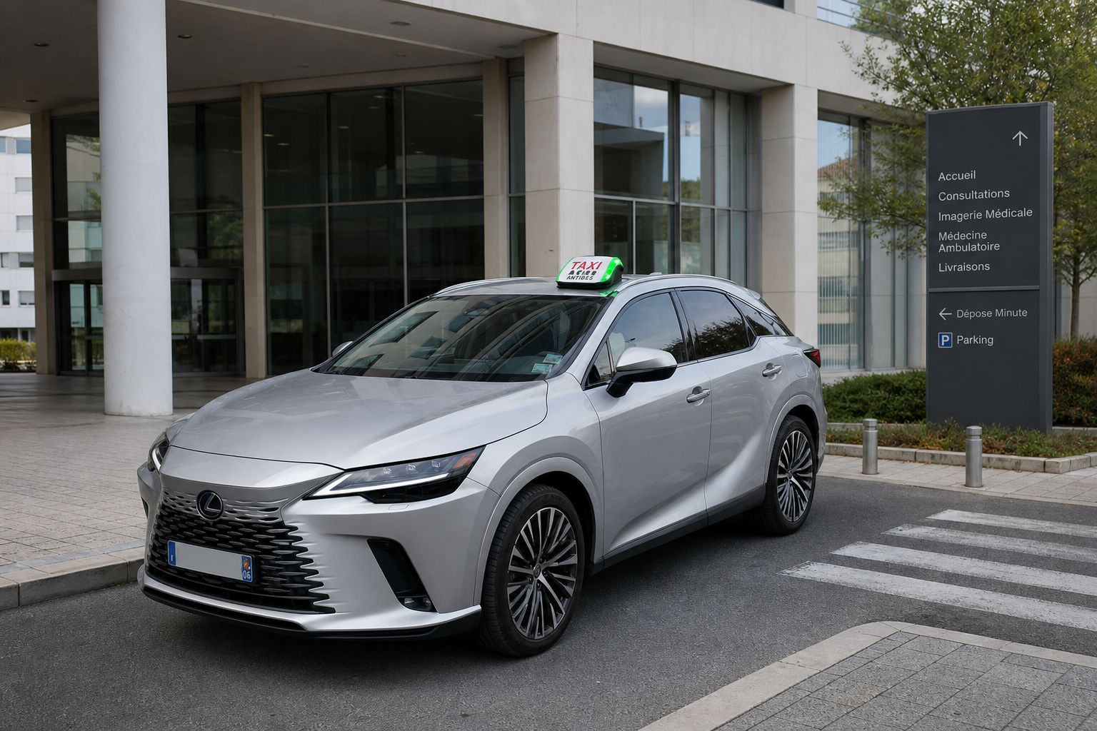 Taxi Lexus argenté devant un accès hospitalier — transfert médical Grasse vers hôpital Pasteur Nice